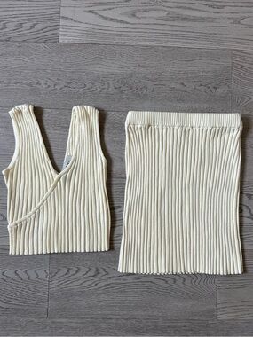 RENOA- Ribbed Knit Two-Piece Set in Cream - Crop Top & Skirt
